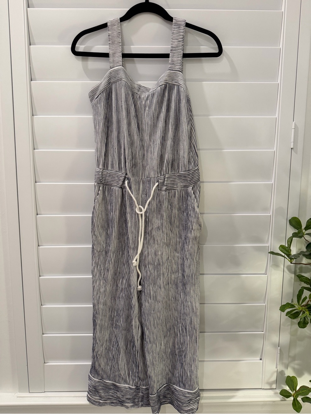 Striped Tie-Waist Wide-Leg Jumpsuit - navy blue and white